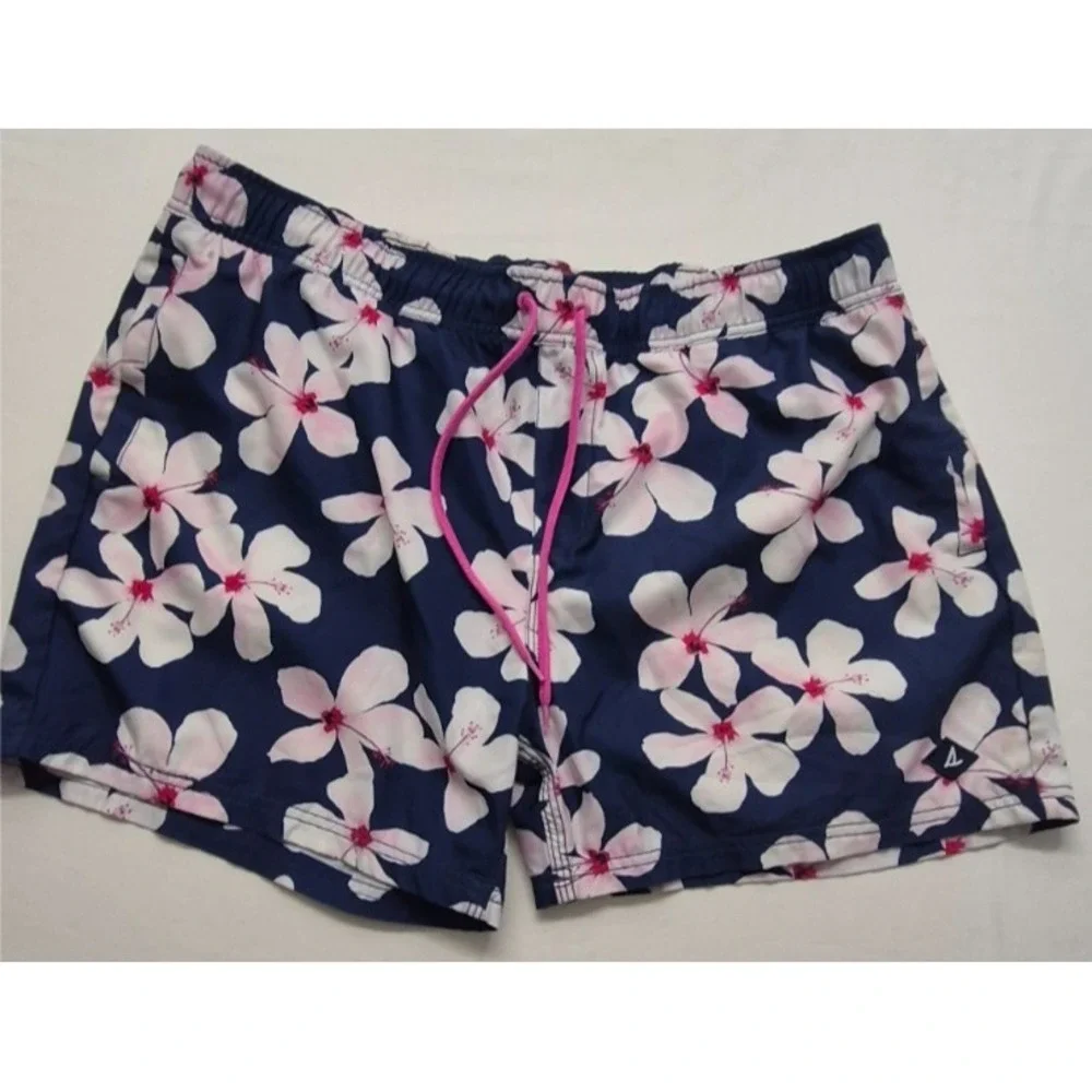 Sperry men's navy blue floral print swim trunks XL drawstring mesh lining pocket